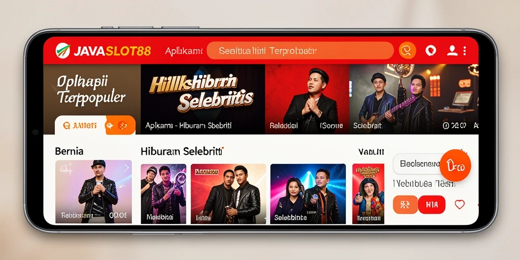 Tampilan antarmuka utama aplikasi JAVASLOT88 dengan berita selebriti.