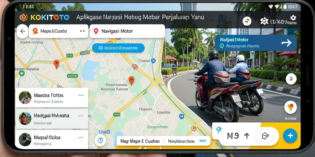 Antarmuka KOKITOTO menampilkan peta dan rute navigasi motor yang jelas.