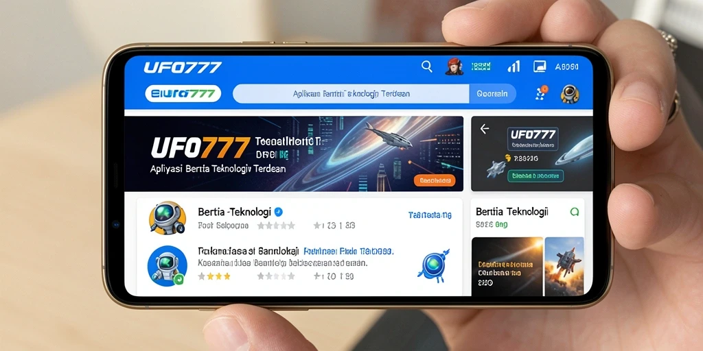 Tampilan antarmuka aplikasi UFO777 menampilkan berita teknologi terkini.