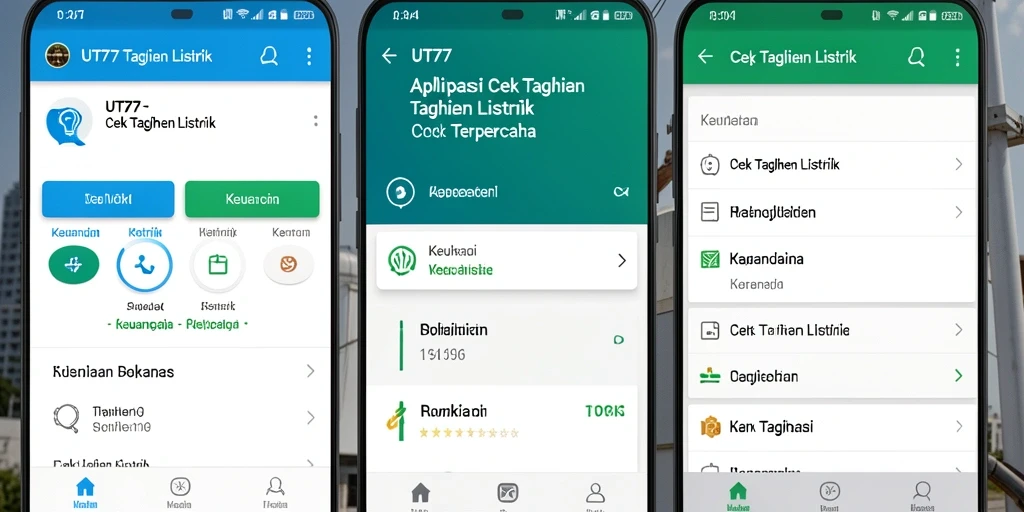 Screenshot utama UT77 menampilkan antarmuka Cek Tagihan Listrik yang sederhana.